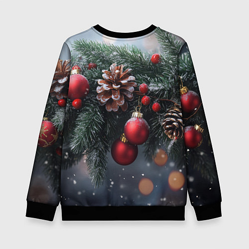 Детский свитшот Красные игрушки на елке и шишки / 3D-Черный – фото 2