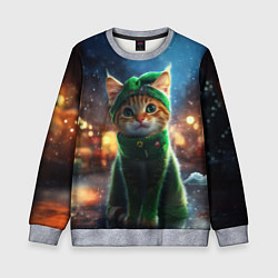 Свитшот детский Зеленый новогодний котик, цвет: 3D-меланж
