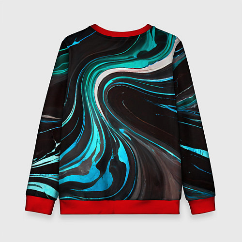 Детский свитшот Волнистые бело-голубые линии на чёрном фоне / 3D-Красный – фото 2