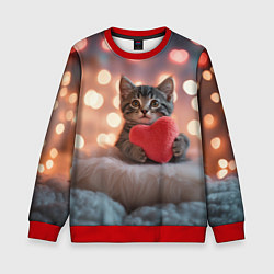 Свитшот детский Котенок поздравляет с днем святого Валентина, цвет: 3D-красный