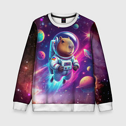 Свитшот детский Космонавт капибара в неоновом космосе, цвет: 3D-белый
