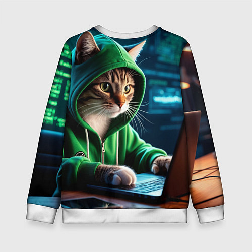 Детский свитшот Котенок хакер за ноутбуком / 3D-Белый – фото 2