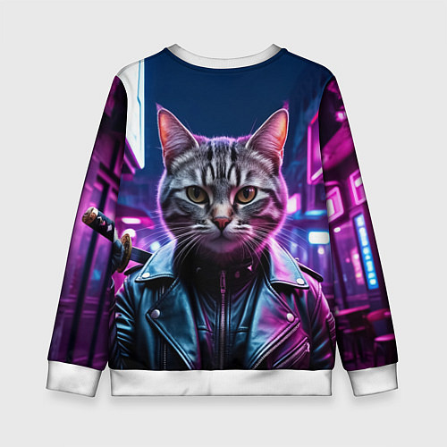 Детский свитшот Кот в кожанке / 3D-Белый – фото 2