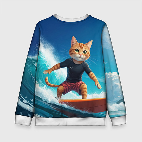 Детский свитшот Кот серфер на волне / 3D-Белый – фото 2
