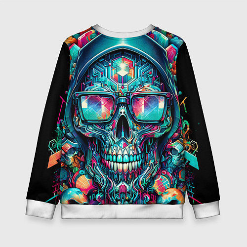 Детский свитшот Кибер череп в балахоне и очках - нейроарт фантазия / 3D-Белый – фото 2