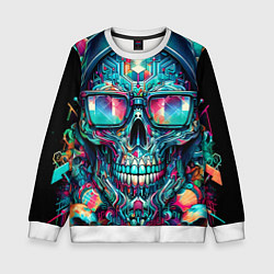 Свитшот детский Кибер череп в балахоне и очках - нейроарт фантазия, цвет: 3D-белый
