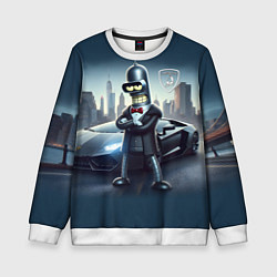 Свитшот детский Крутой Бендер рядом с Ламборджини, цвет: 3D-белый