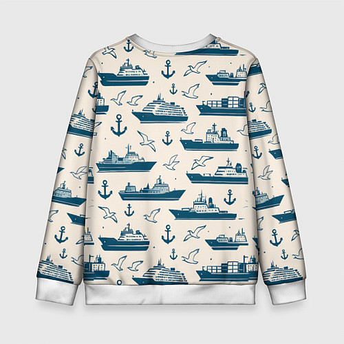 Детский свитшот Морской паттерн из чаек, якорей и кораблей / 3D-Белый – фото 2