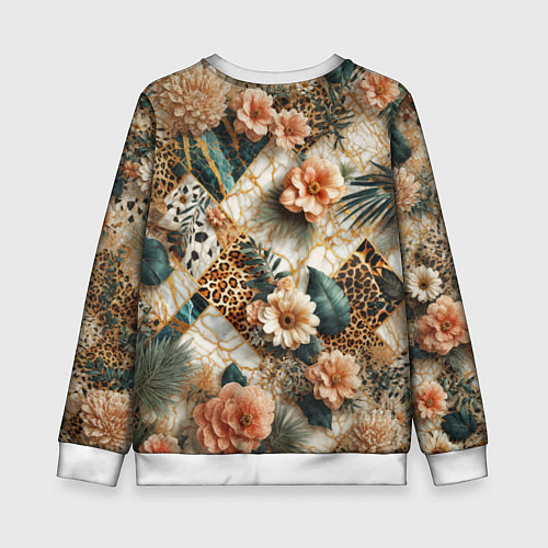 Детский свитшот Цветы на кусках мрамора и леопардовом узоре / 3D-Белый – фото 2