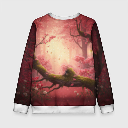 Детский свитшот Желтая птица в розовом цветущем лесу / 3D-Белый – фото 2