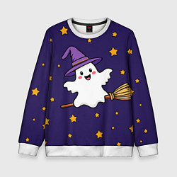 Свитшот детский Хэллоуин, привидение на метле, цвет: 3D-белый