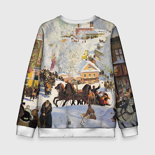 Детский свитшот Русская тройка зимой - картина Масленица Кустодиев / 3D-Белый – фото 2