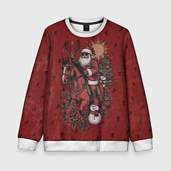 Свитшот детский Санта Клаус на красном коне верхом, цвет: 3D-белый