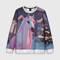 Свитшот детский Лошадка и новогодняя елка, цвет: 3D-белый