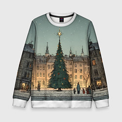 Свитшот детский Новогодняя елка во дворе, цвет: 3D-белый