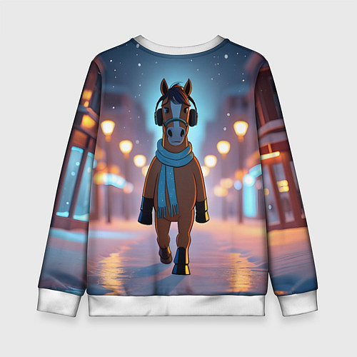 Детский свитшот Конь в шарфе и наушниках / 3D-Белый – фото 2