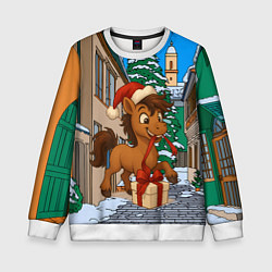 Свитшот детский Лошадка распаковывает новогодний подарок, цвет: 3D-белый