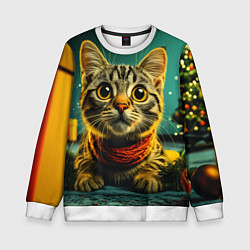Свитшот детский Удивленный новогодний котик, цвет: 3D-белый
