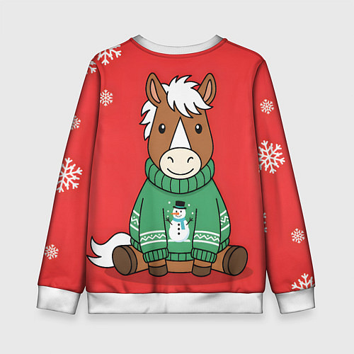 Детский свитшот Новогодняя лошадка в зеленом свитере / 3D-Белый – фото 2
