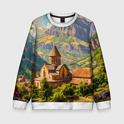 Свитшот детский Горный покой: храм среди облаков, цвет: 3D-белый