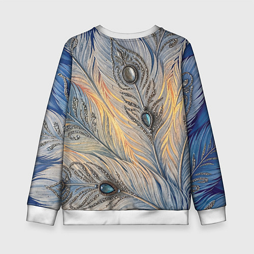 Детский свитшот Синие перья с самоцветами / 3D-Белый – фото 2