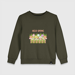 Свитшот хлопковый детский Весенние цветы в палисаднике - привет, весна!, цвет: хаки