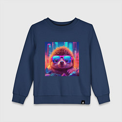 Детский свитшот Ежик в очках на фоне неонового города