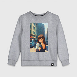 Свитшот хлопковый детский Городская девчонка с белым котёнком - аниме, цвет: меланж