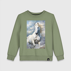 Свитшот хлопковый детский Белая лошадь на фоне неба, цвет: авокадо