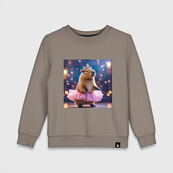 Свитшот хлопковый детский Мем капибара балерина в розовой юбочке и короне, цвет: утренний латте