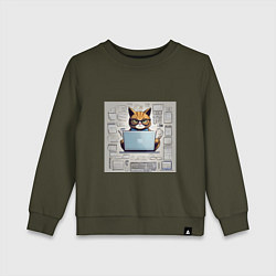 Свитшот хлопковый детский Кот программист за ноутбуком, цвет: хаки