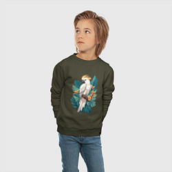 Свитшот хлопковый детский Попугай какаду и тропические листья, цвет: хаки — фото 2