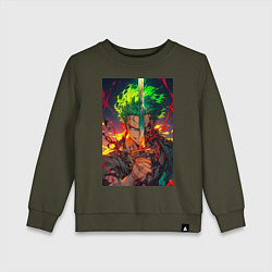 Свитшот хлопковый детский Ван-Пис Зоро Ророноа мечник, цвет: хаки