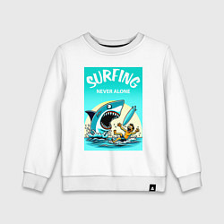 Свитшот хлопковый детский Surfing never alone - shark and surfer, цвет: белый