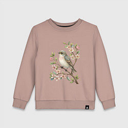 Свитшот хлопковый детский Маленькая птичка на ветке с цветами, цвет: пыльно-розовый