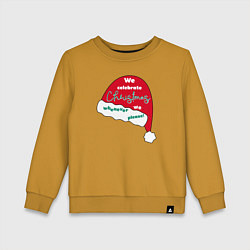 Свитшот хлопковый детский Шапка Санта Клауса - мы празднуем Рождество когда, цвет: горчичный