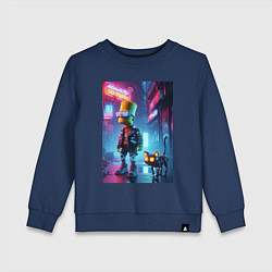 Свитшот хлопковый детский Барт Симпсон гуляет с роботом котом в ночном город, цвет: тёмно-синий