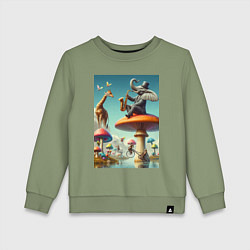 Свитшот хлопковый детский Слон играет на саксофоне жирафу, цвет: авокадо