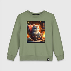 Свитшот хлопковый детский Уютный кот у камина с чашкой какао, цвет: авокадо