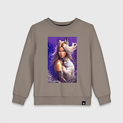 Свитшот хлопковый детский Девушка-лиса с лисёнком нейроарт, цвет: утренний латте