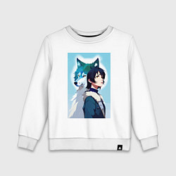 Свитшот хлопковый детский Мечтательная девчонка и волк - нейроарт, цвет: белый