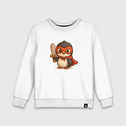 Свитшот хлопковый детский Маленький пингвин супергерой с мечем, цвет: белый
