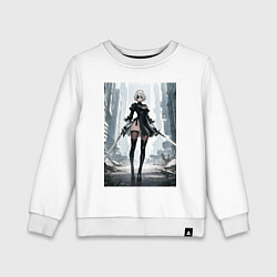 Свитшот хлопковый детский Девушка-андроид с катанами посреди руин, цвет: белый