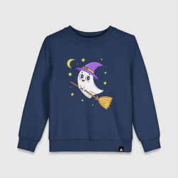 Свитшот хлопковый детский Хэллоуин, привидение на метле, луна, цвет: тёмно-синий