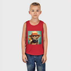 Майка детская хлопок Кот в соломенной шляпе с фотоаппаратом, цвет: красный — фото 2