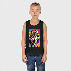 Майка детская хлопок Красочный волк - поп-арт - нейросеть, цвет: черный — фото 2