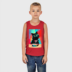 Майка детская хлопок Чёрный котик джентльмен - нейросеть, цвет: красный — фото 2