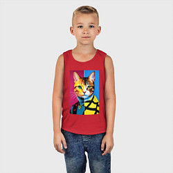 Майка детская хлопок Портрет модного кота - поп-арт, цвет: красный — фото 2
