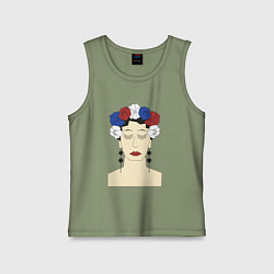 Майка детская хлопок Женский портрет: девушка в венке триколор, цвет: авокадо