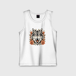 Майка детская хлопок Голова волка в цветах, цвет: белый